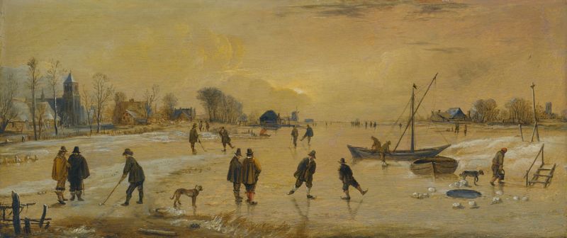 A winter landscape with skaters and kolf players, oil on canvas by Aert van der Neer