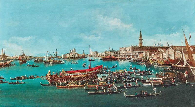 Marine scene depicting The Bucintoro with the church of San Nicolò al Lido by Guglielmo Da Re, oil painting