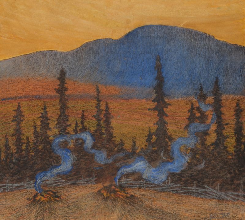 Autumn at Indalsliden, óleo sobre tela de Helmer Osslund, retratando uma cena florestal tranquila no outono.