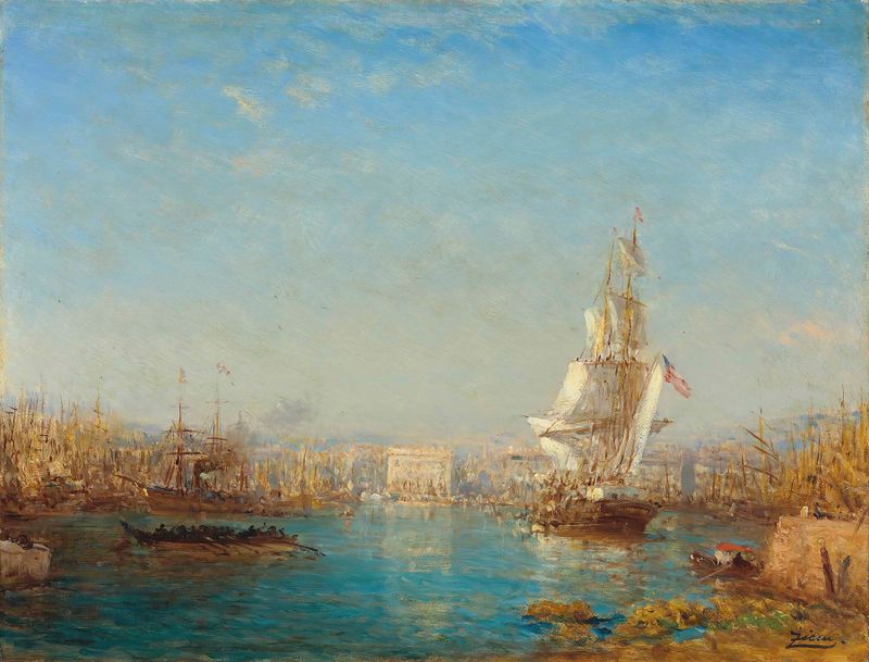Óleo sobre tela de Félix Ziem representando um canal ao pôr do sol