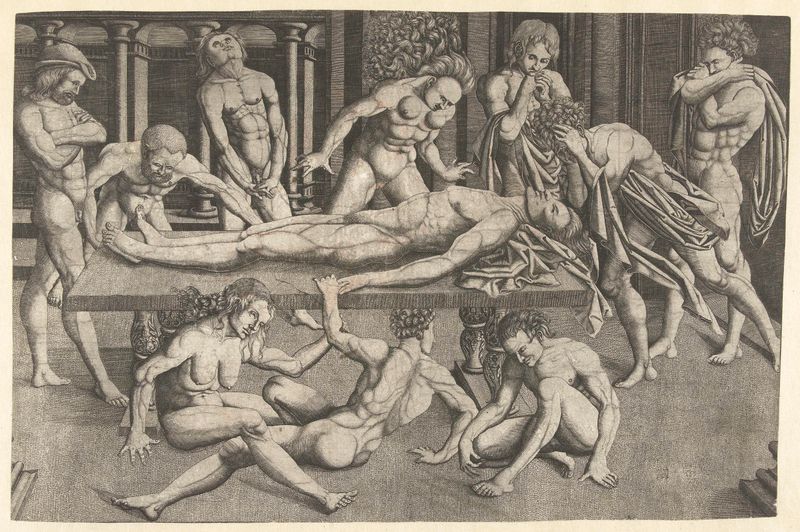 Historical engraving by Allaert Claesz depicting a mourning ceremony