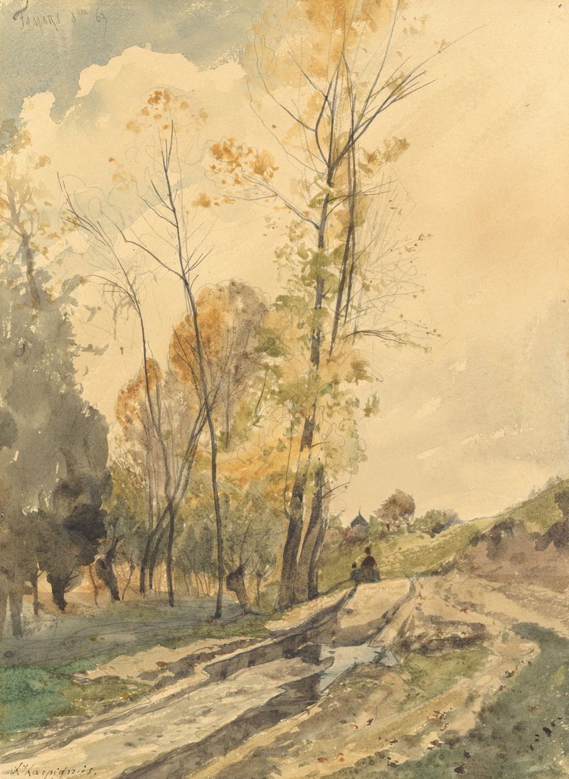 Paisagem em Famars de Henri-Joseph Harpignies, óleo sobre tela que retrata um rio e vegetação luxuriante.
