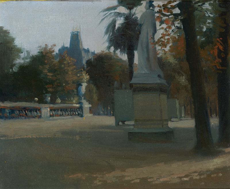 Obra de arte impresionista de Minerva Chapman que representa una escena de jardín con una pareja y un niño.