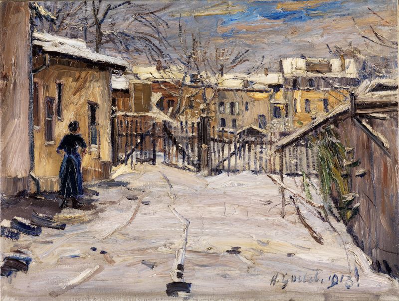 Hof im Schnee de Hermann Goebel, óleo sobre lienzo que muestra un paisaje de aldea nevada