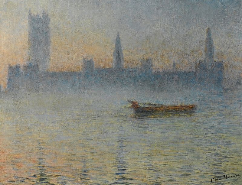 Brouillard sur la Tamise de Gaston Prunier, óleo sobre tela retratando uma paisagem nevoenta do rio Tâmisa.