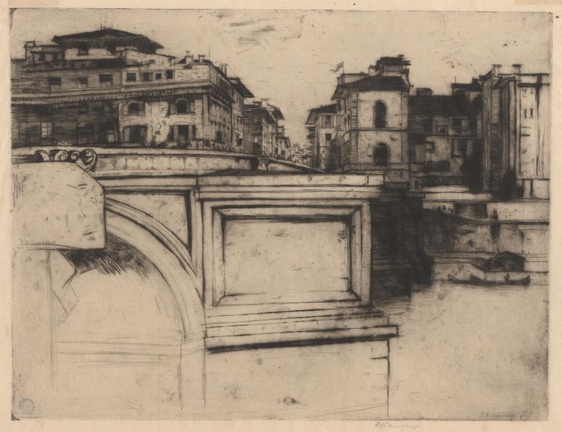 Ponte della Trinita grabado de David Young Cameron que representa un puente al atardecer