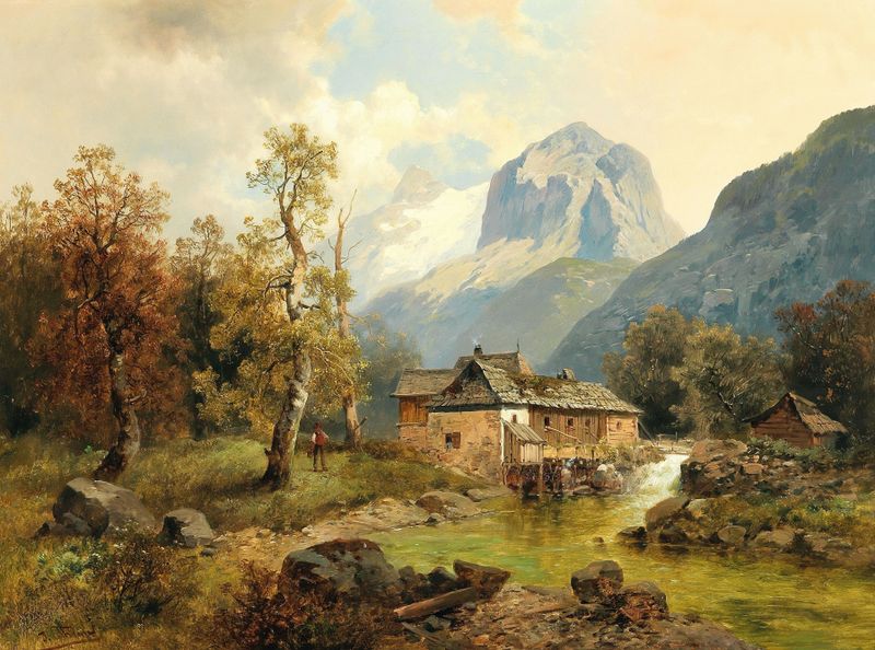 Landscape with mountains and vibrant colors, oil painting by Josef Thoma