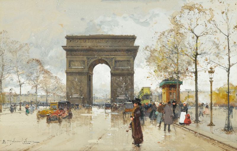 L’arc De Triomphe de Eugène Galien-Laloue, óleo sobre lienzo que representa un paisaje parisino.