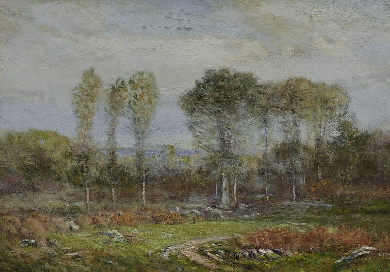 Landscape oil painting by Dwight William Tryon depicting a sunrise with golden light.