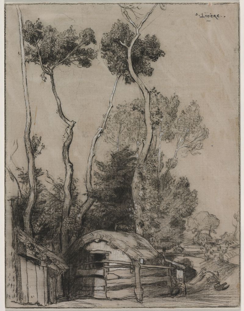 Paisagem com cottages e árvores, óleo sobre tela de Auguste Louis Lepère