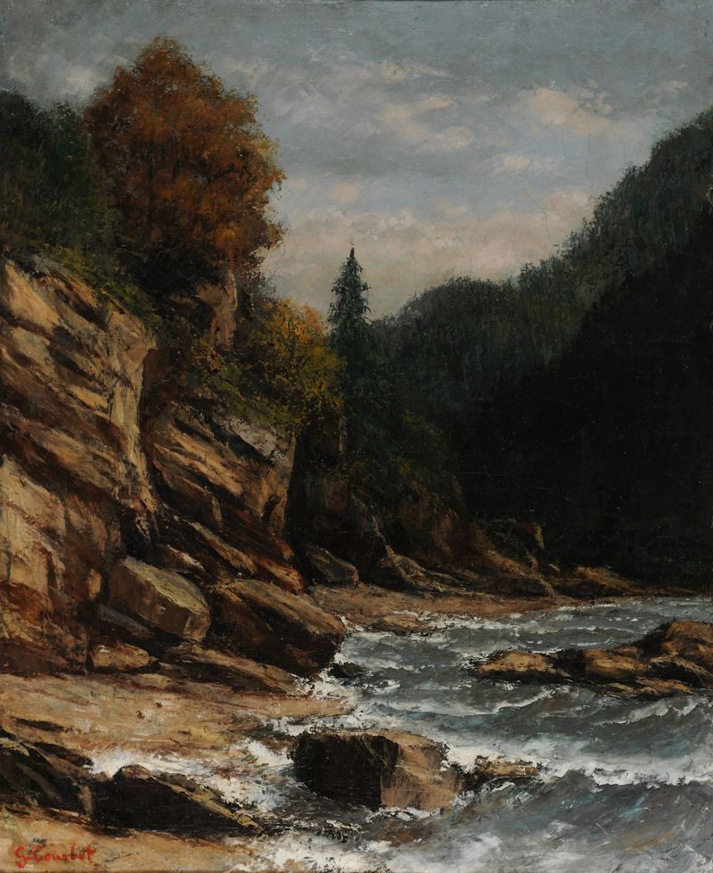 Bords du lac Léman de Gustave Courbet, pintura a óleo de um lago tranquilo e céu.