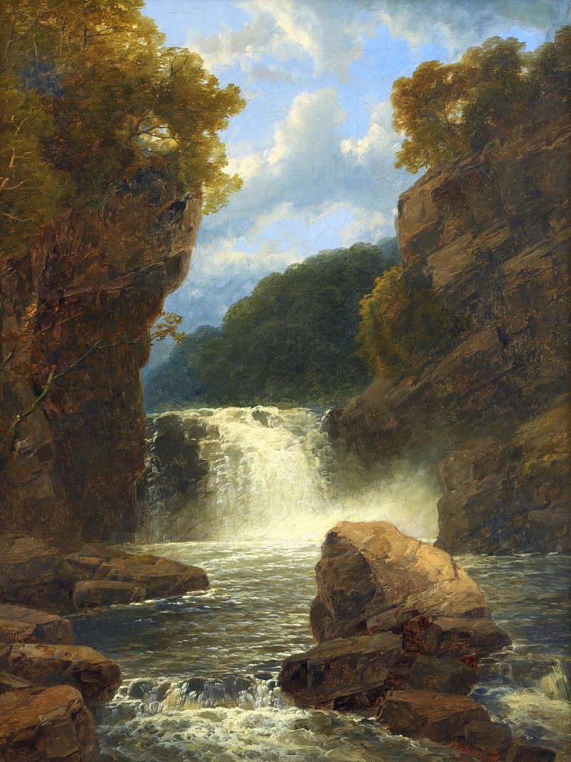 The Aberdulais Falls, óleo sobre tela de John Brandon Smith, apresentando águas em cascata e luz.