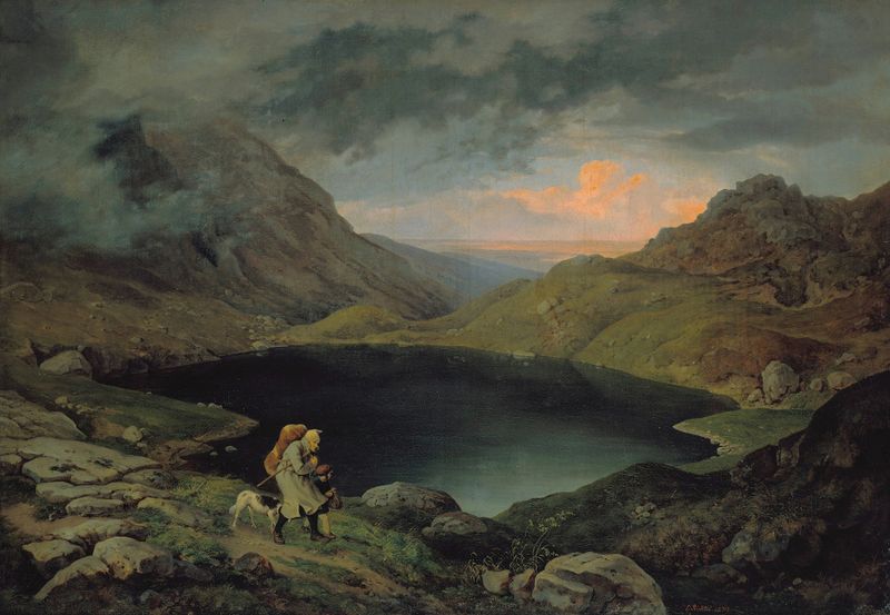 Lago no Riesengebirge, óleo sobre tela de Gustav Karl Ludwig Richter, apresentando montanhas serenas e água reflexiva.
