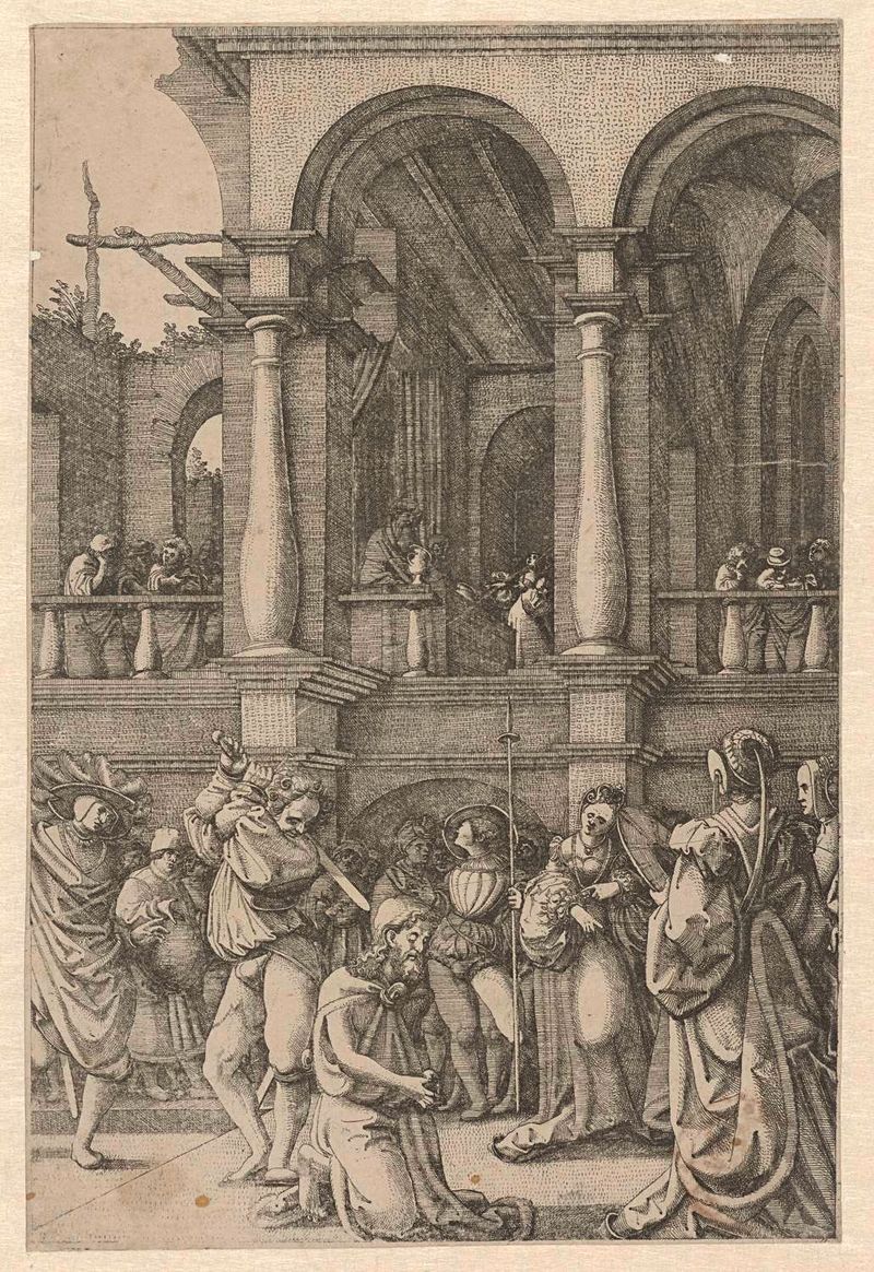 Onthoofding van Johannes de Doper, etching by Frans Crabbe van Espleghem, depicting a severed head on a platter.