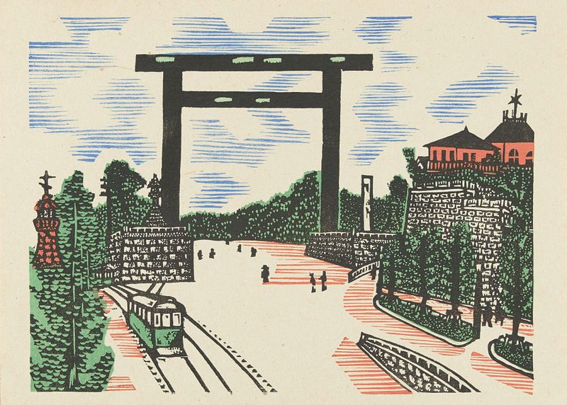 Kudan torii de Kawakami Sumio, impressão em madeira colorida de um torii com um céu pastel.