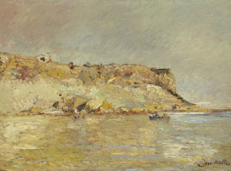 Coastal Mountains de Adolphe Monticelli, óleo sobre tela, apresentando picos costeiros e luz do sol.