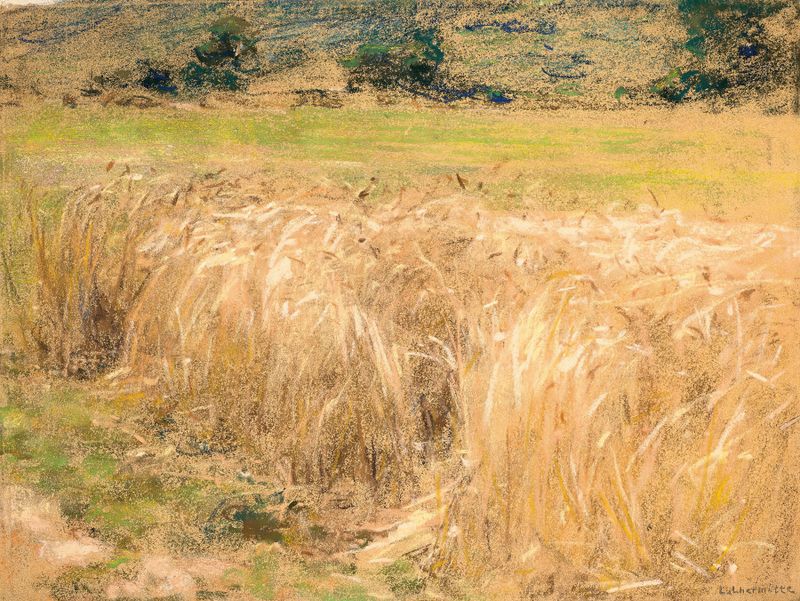 Landscape with golden fields and a solitary figure, oil painting by Léon Augustin Lhermitte