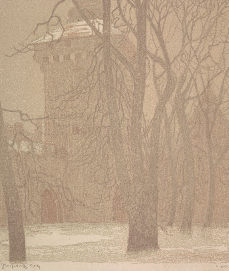 Landscape with towers and soft colors by Jan Wojnarski, 1909
