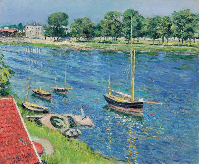 La Seine à Argenteuil, bateaux au mouillage, óleo sobre lienzo de Gustave Caillebotte