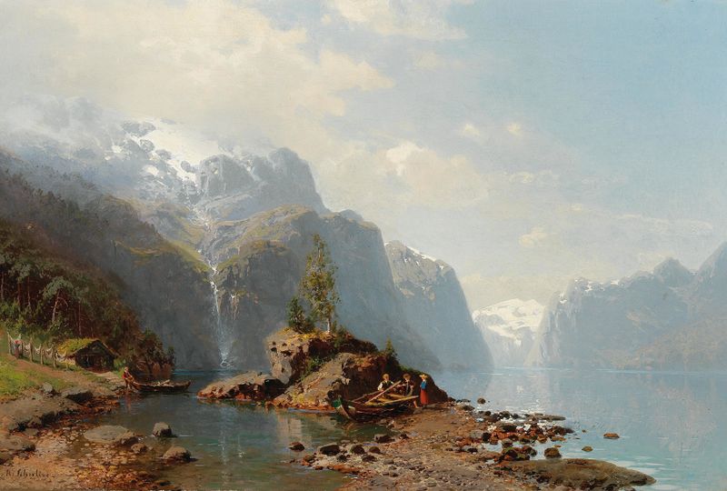 Romsdalen Fjord landscape by Robert Schultze, oil on canvas