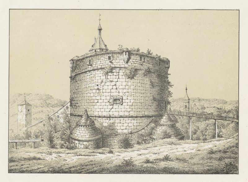 Munoth de Johann Friedrich Wagner, óleo de uma fortaleza sob um céu dramático.