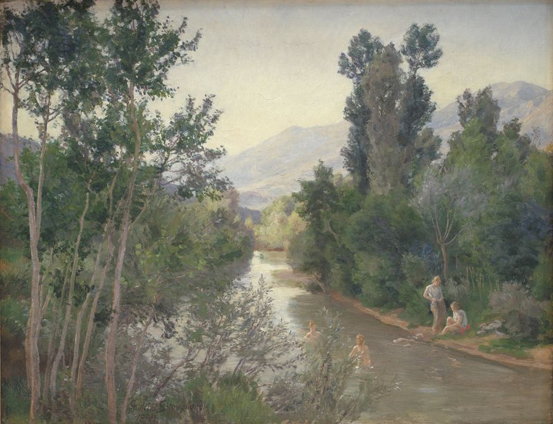 Autumn landscape with river and foliage, oil painting by Joakim Skovgaard