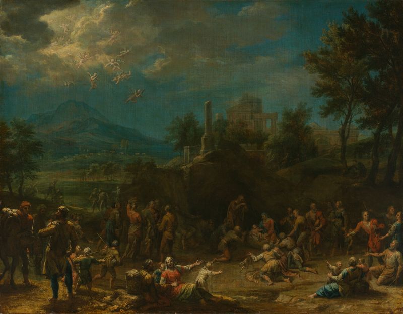 Oil painting by Franz Joachim Beich depicting shepherds in a landscape with gentle light.