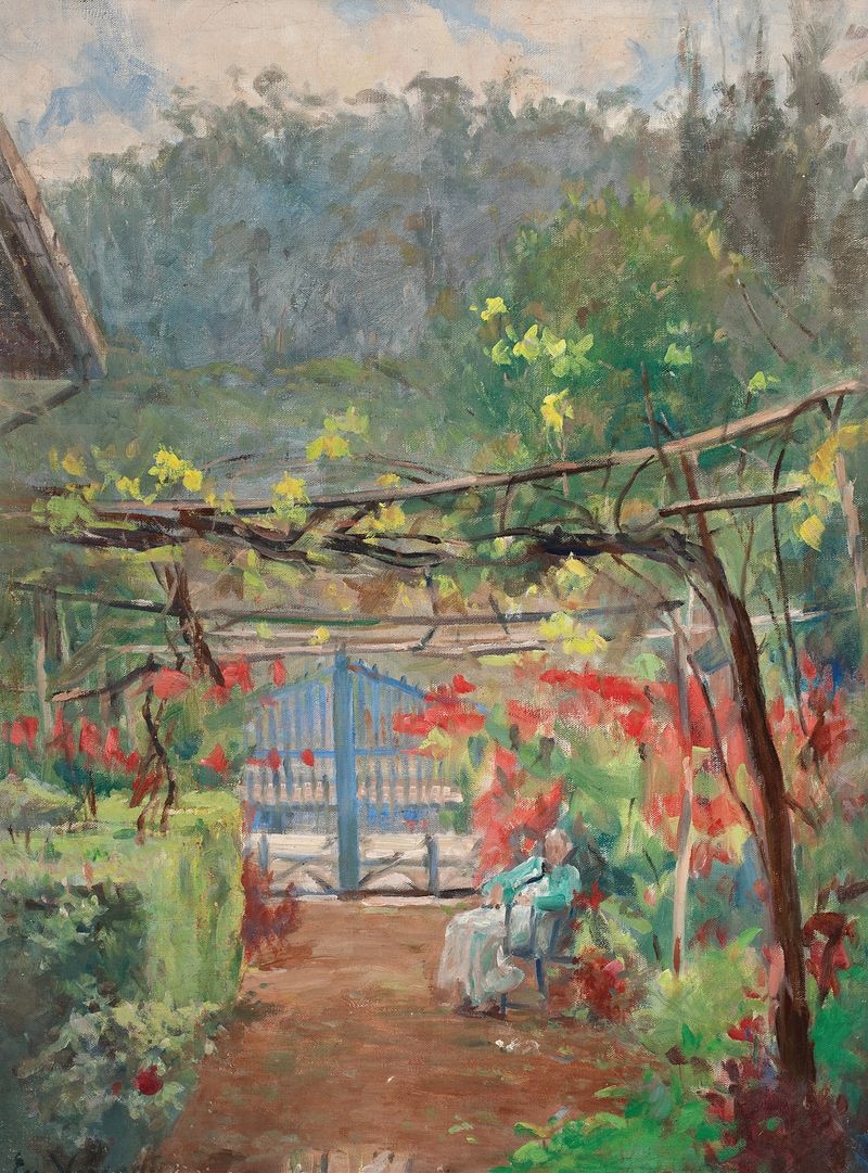 Cena figurativa de uma pessoa descansando em um jardim, pintura a óleo de Eliseu Visconti