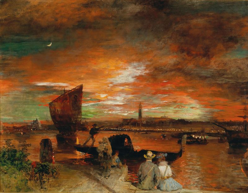 Uma cena ao crepúsculo em Veneza, óleo sobre tela de Oswald Achenbach