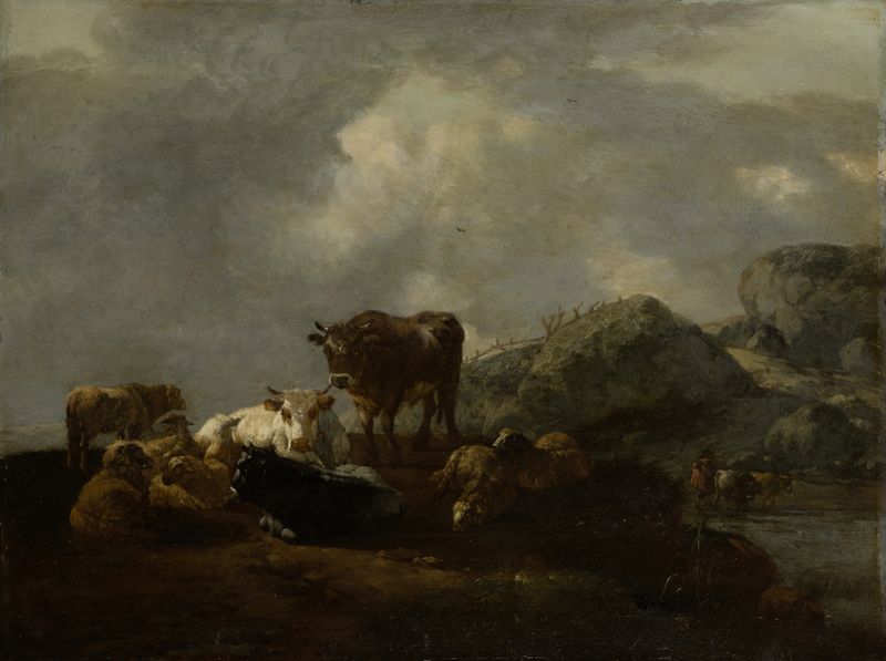 Gado descansando ao lado de um rio, pintura a óleo de Willem Romeyn