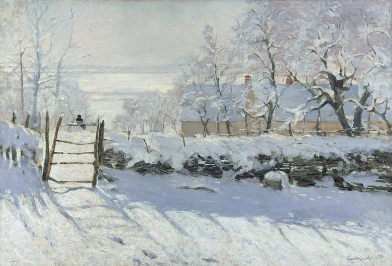 The Magpie by Claude Monet, oil painting of a magpie on a snow-covered railing.