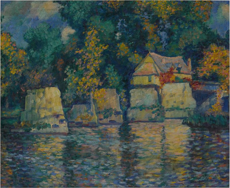 Red Bridge at Vernon de Theodore Earl Butler, óleo sobre lienzo que representa un puente rojo sobre agua