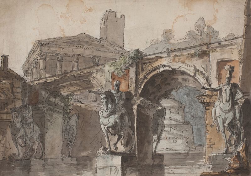 Landscape with temple ruins and equestrian statue by Jens Petersen Lund