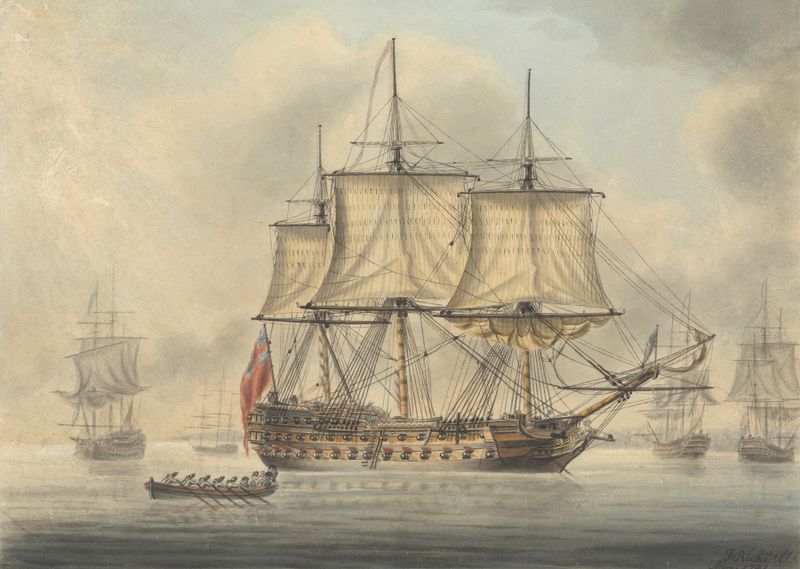 Pintura a óleo de Captain T. Richbell retratando um navio de guerra em um vasto mar