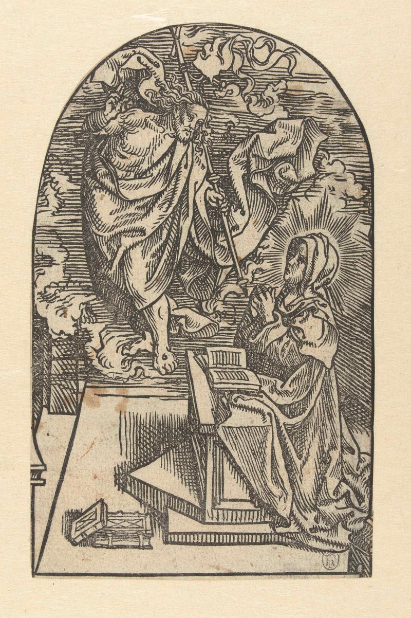 Cristo apareciendo a María en dorados suaves y azules, papel de Jacob Cornelisz van Oostsanen