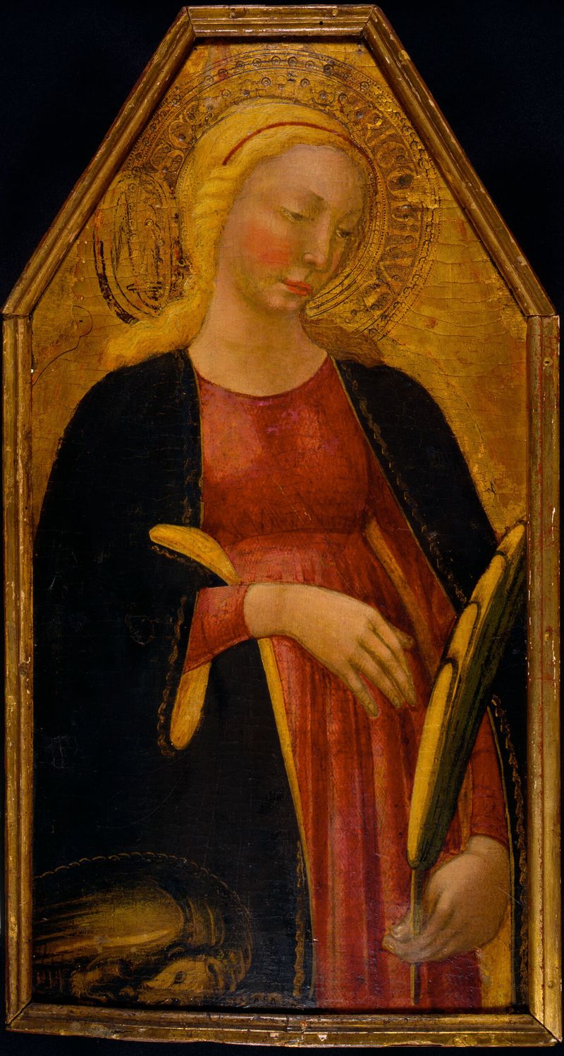 Saint Margaret of Antioch by Neri di Bicci, wood medium, depicting a serene saint in divine light.