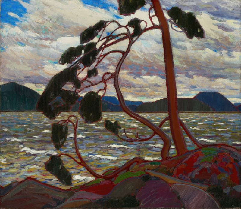 The West Wind by Tom Thomson, oil painting depicting evergreens swaying in the wind.