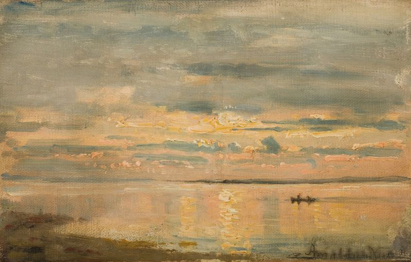 Sommeraften, Hvaler de Amaldus Nielsen, pintura a óleo que retrata uma baía tranquila ao crepúsculo