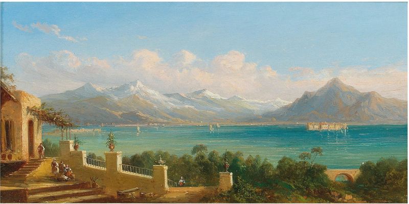 Lago Maggiore oil painting by Ferdinand Bonheur depicting tranquil waters and sunlight.