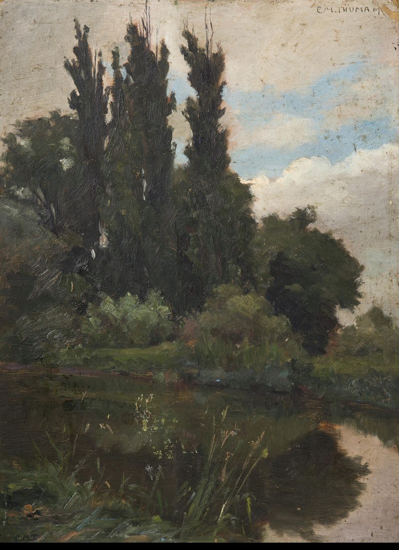 Impressionist oil painting by Karl Maria Thuma depicting poplars by water.
