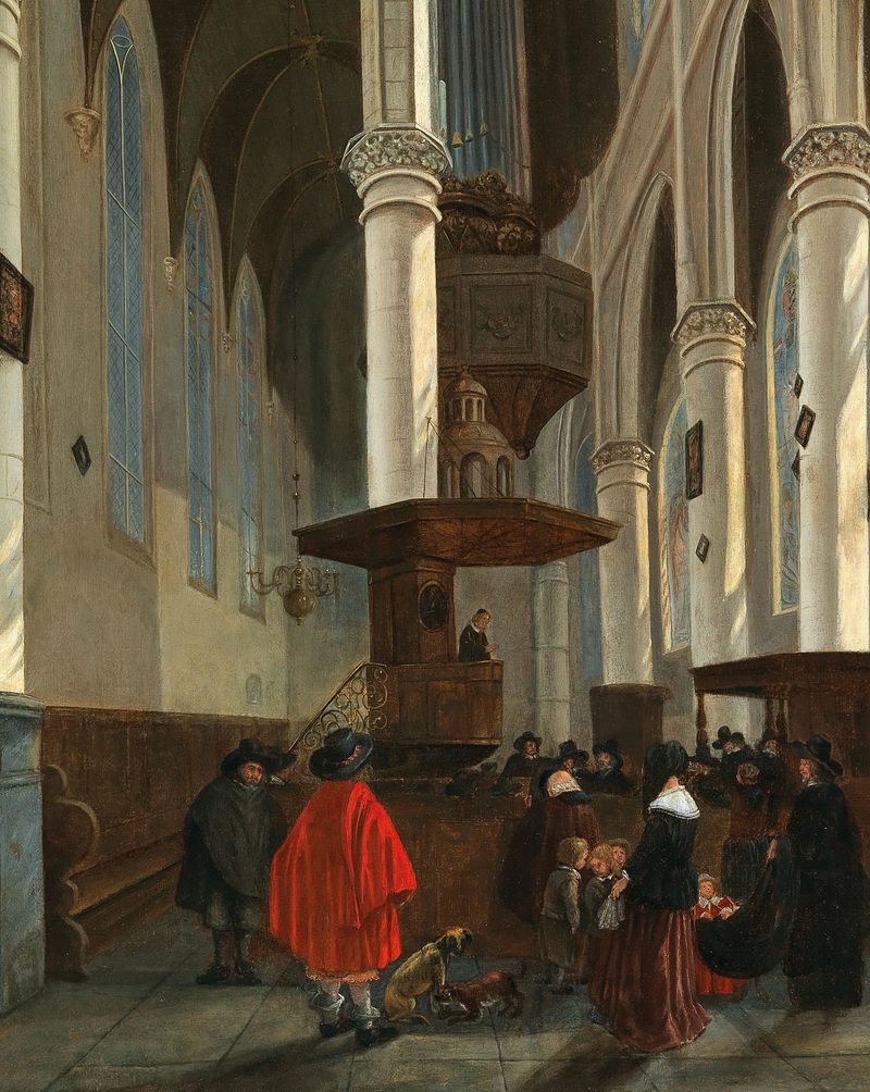 A church interior with a preacher in a pulpit, oil on canvas by Hendrick Cornelisz. van Vliet