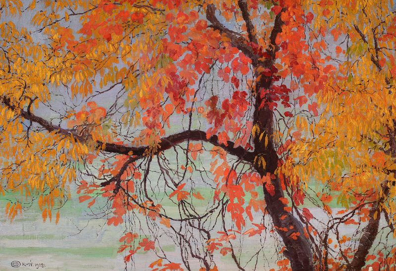 Autumn Leaves, oil on canvas by Edward Okuń, featuring swirling leaves and warm colors.