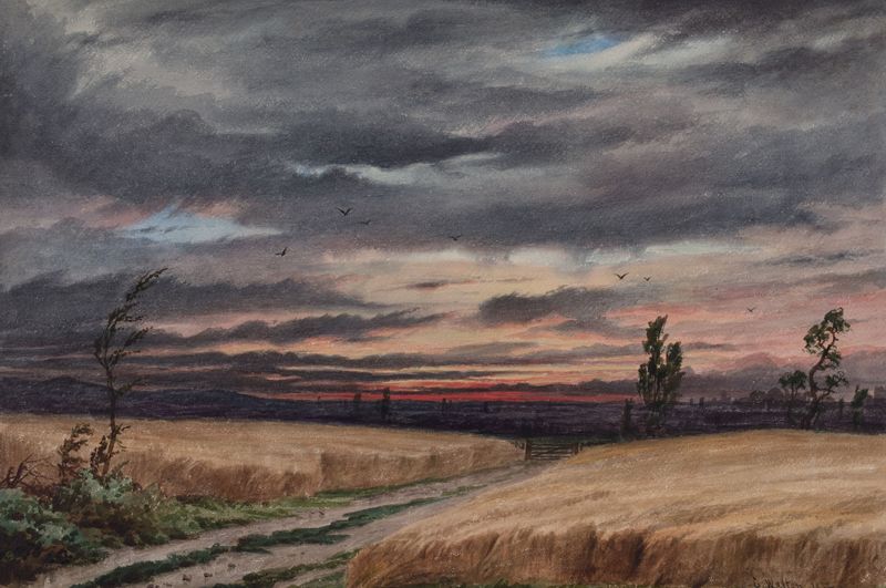 Campo Cerca de Cofton de Elijah Walton, óleo sobre lienzo que representa un paisaje verde vibrante con flores silvestres.