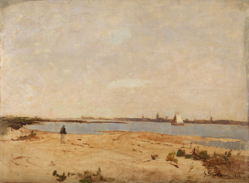 Landscape of Gorkum with evening sky, oil on canvas by Gustav Schönleber