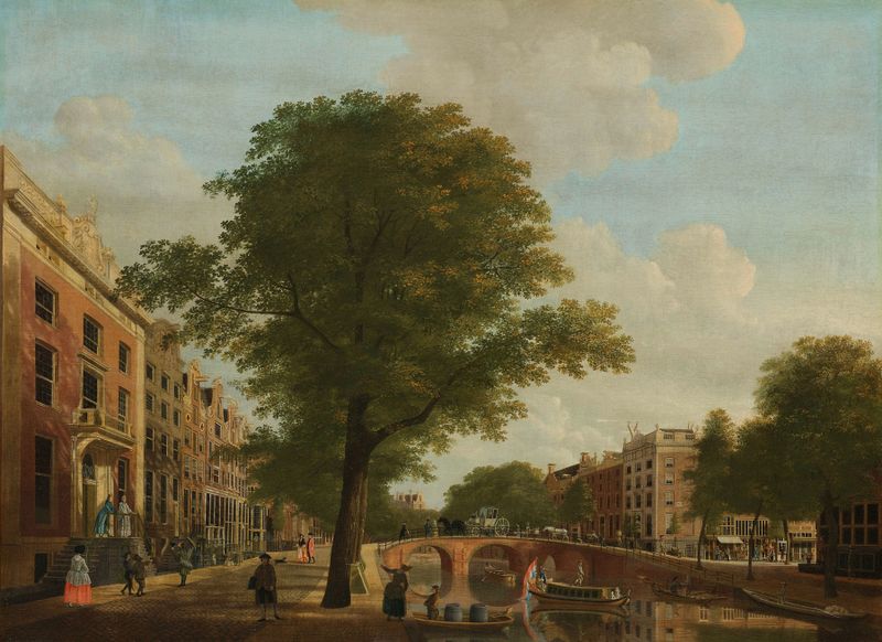 Canal scene with reflections of buildings, oil painting by Hendrik Keun