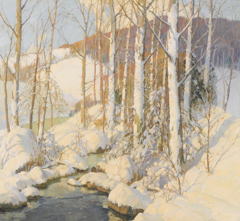 Winter Calm by Frederick John Mulhaupt, oil on canvas depicting a serene winter landscape.