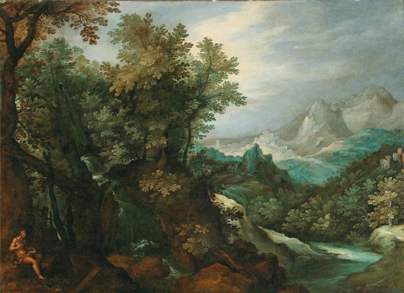 A mountainous river landscape with a hermit, oil painting by Paul Bril