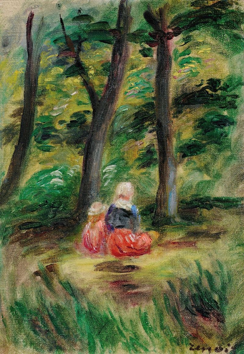 Femme Et Enfant Dans Un Paysage de Pierre-Auguste Renoir, óleo de uma mulher abraçando uma criança em uma paisagem.