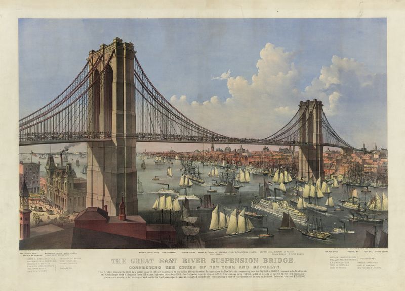The Great East River Suspension Bridge lithograph by Currier & Ives