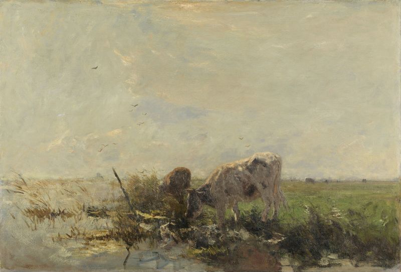 Koeien aan een plas, oil on canvas by Willem Maris, depicting cows by a tranquil pond.
